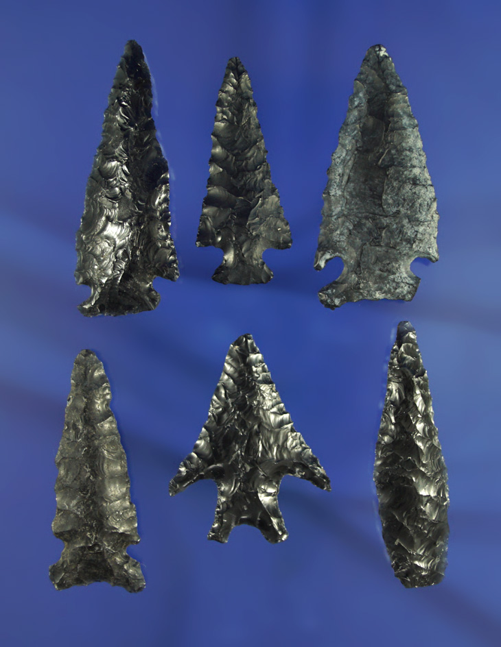 Exceptional group of six obsidian arrowheads found near Fort Rock Oregon, largest is 2 1/16".