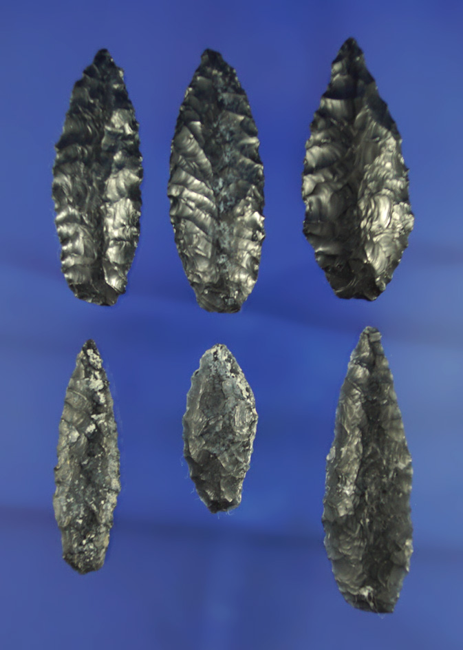 Set of six Cascades made from obsidian found near Fort Rucker Oregon. Largest is 1 15/16".