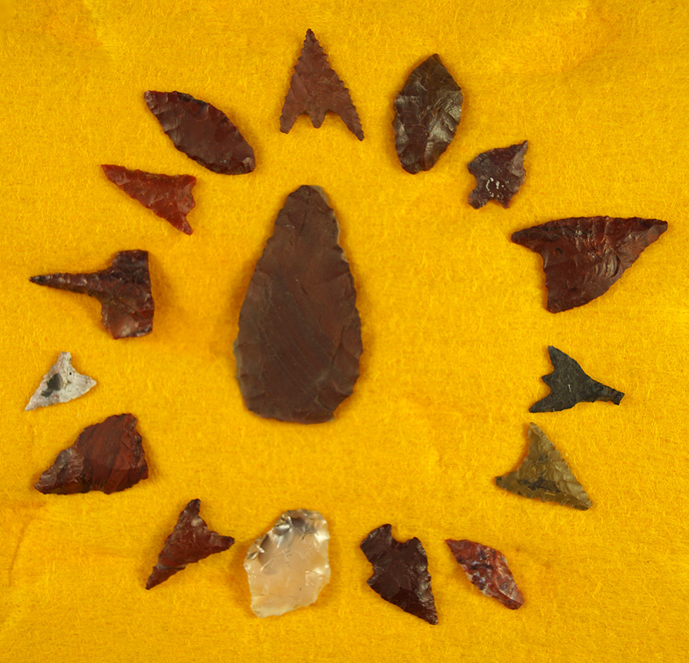 Set of 16 assorted flaked artifacts found near the Rogue River, Oregon. Largest is 1 15/16".