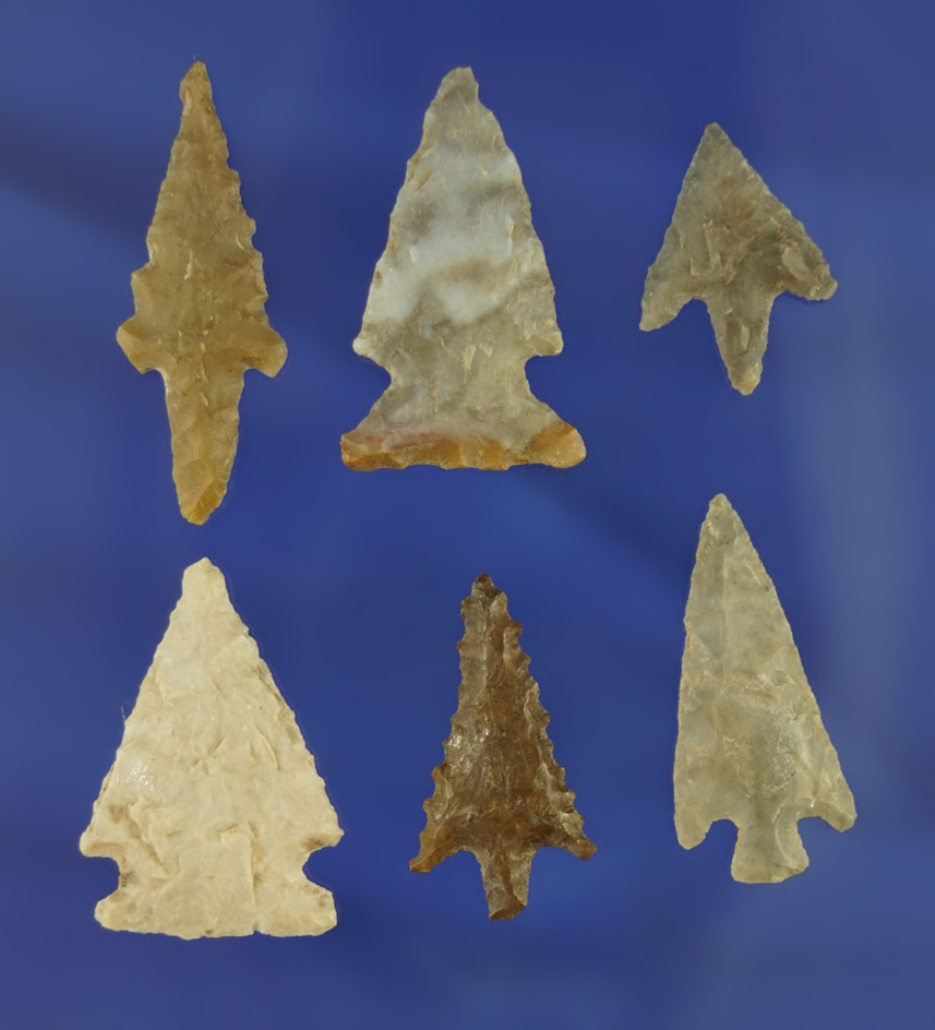 Set of six assorted arrowheads found in the Western U.S. in good condition. Largest is 1 1/4".