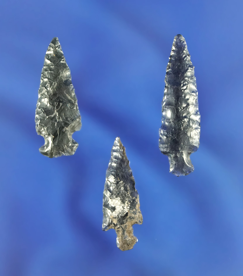 Set of three nice obsidian Rose Springs arrowheads, largest is 1 5/16".