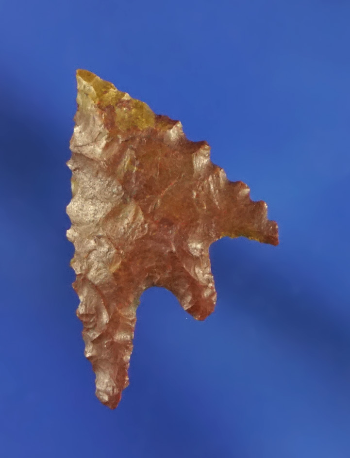 7/8" Gunther point found in southern Oregon made from brown and yellow Jasper. Nicely serrated.