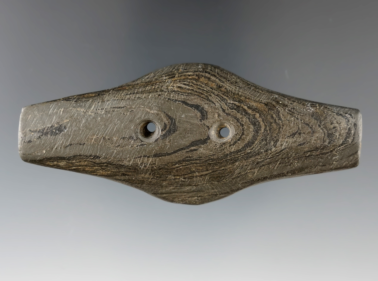 3 5/8" Adena Expanded Center Gorget made from Banded Slate, found in Licking Co., Ohio.