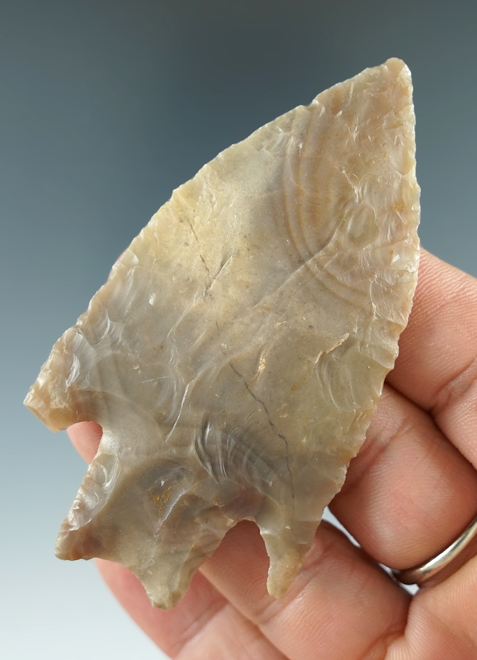 3 1/16" Marshall made from Edwards Plateau Chert, found in Texas. Comes with a Bennett COA.