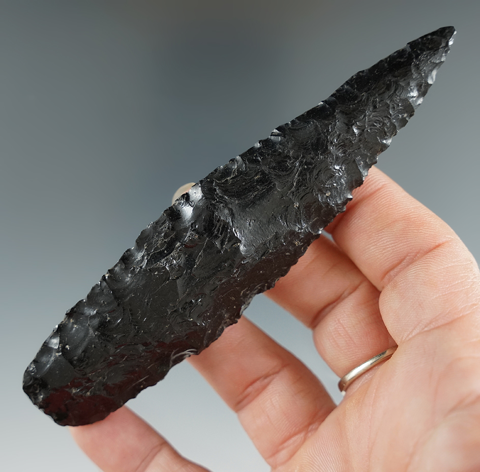 4 7/16" Cascade made from Obsidian, found in Oregon. Ex. John Hayden, Jim Hogue Collections.