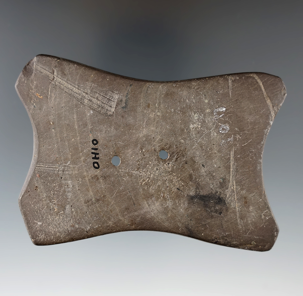 3 5/8" Quadriconcave Gorget. Banded Slate. Ohio. Ex. Wright, Vanderlaan Collections.
