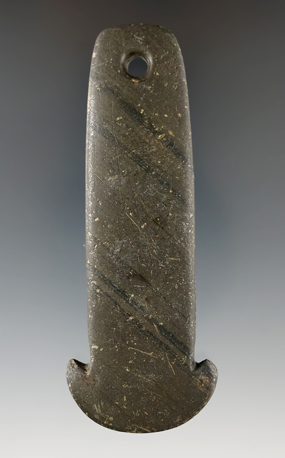 4" Adena Anchor Pendant made from green and black Banded Slate, found in Wood Co., Ohio.