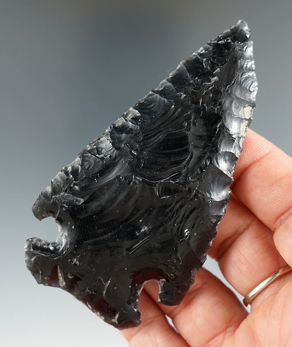 3 1/2" Pluvial Lake made from Obsidian. Found in Lakeview, Oregon. Pictured. Ex. Jim Hogue.