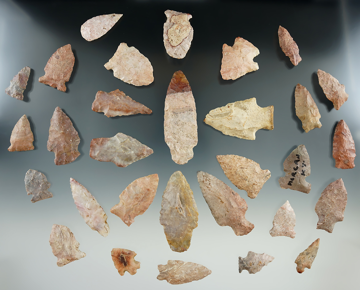 Large group of assorted colorful arrowheads found in Indiana and Kentucky. Largest is 2 3/4".