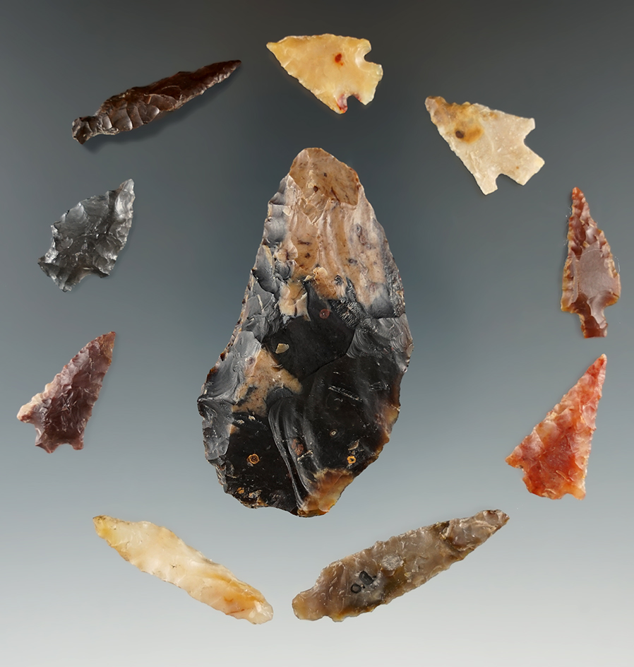Set of 10 Assorted Arrowheads found near the Columbia River, Klickitat Co., Washington in 1963.
