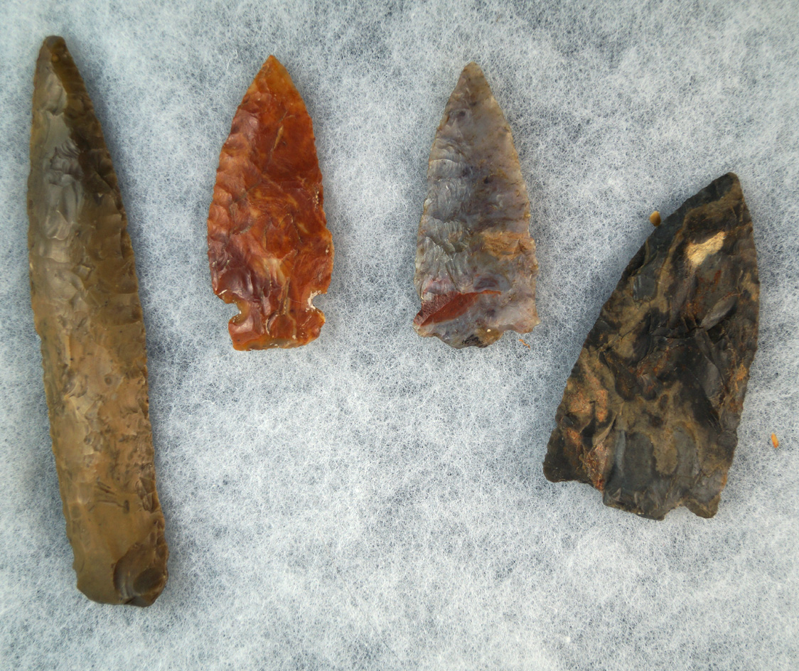 Set of four ancient Flint arrowheads in knives found in the western US. Largest is 5 5/16".