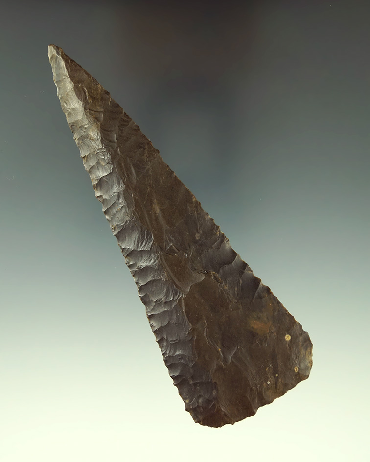 5 1/16" Beveled Knife that is nicely flaked from Upper Mercer Flint found in Ohio. Ex. Bob Linley.