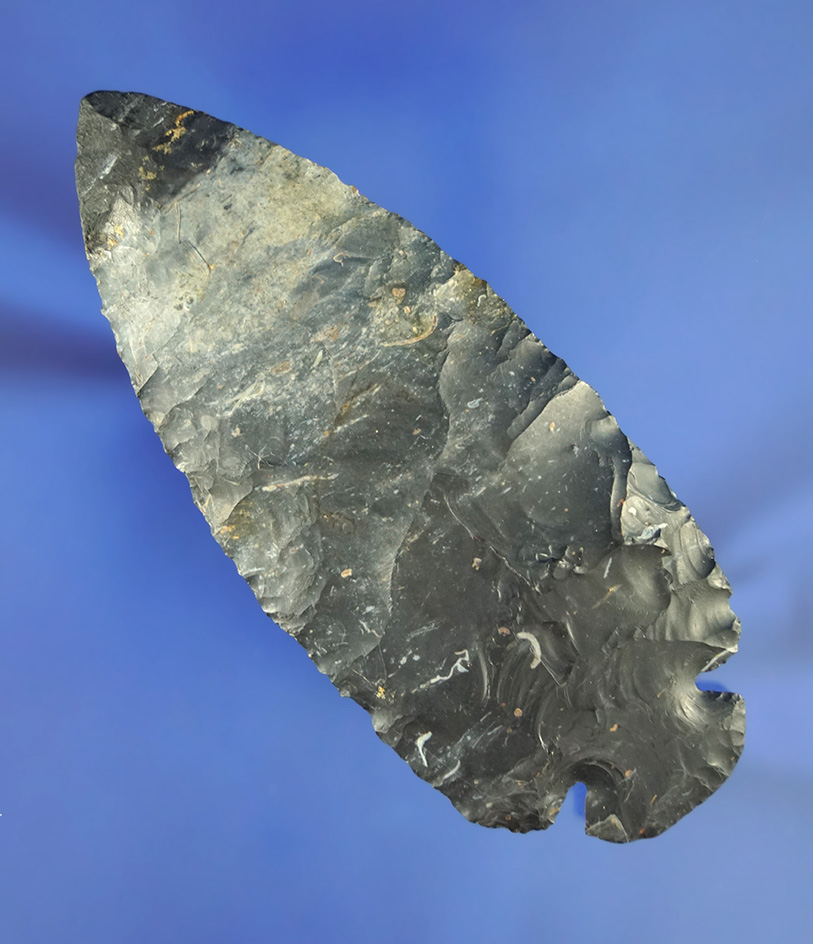 4 1/4" Coshocton Flint Dovetail with restoration to 1/2" at tip found in Ohio. Ex. Norman Kley.