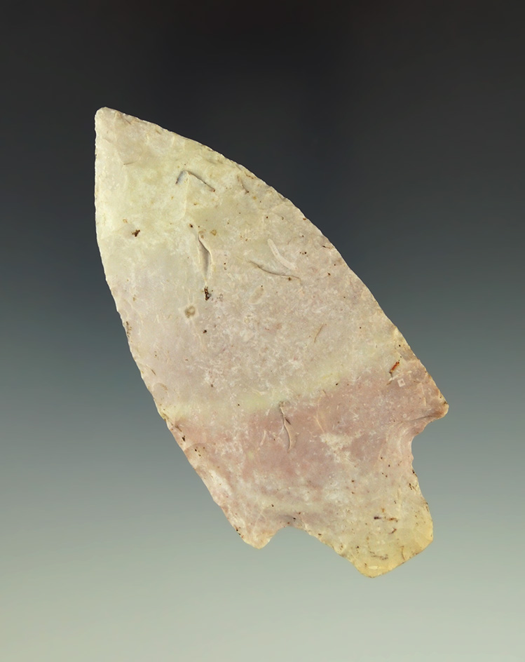 3 3/8" Dickson point - attractive pink material found in Benton Co.,  Missouri. Meadows COA.