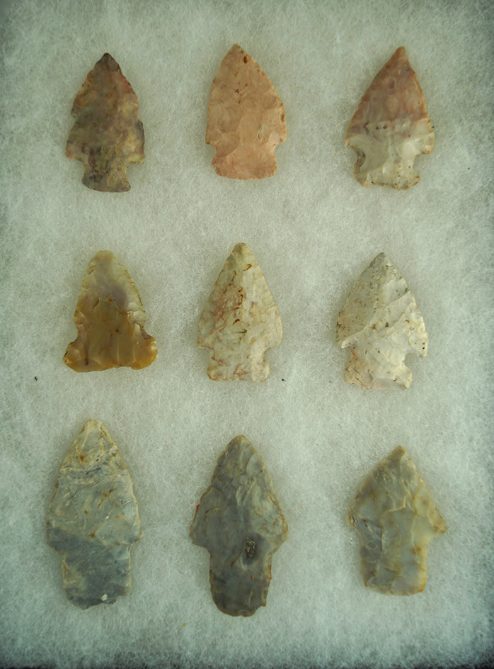 Set of nine Flint Ridge Flint arrowheads found in Licking Co.,  Ohio on Flint Ridge in the 1970s