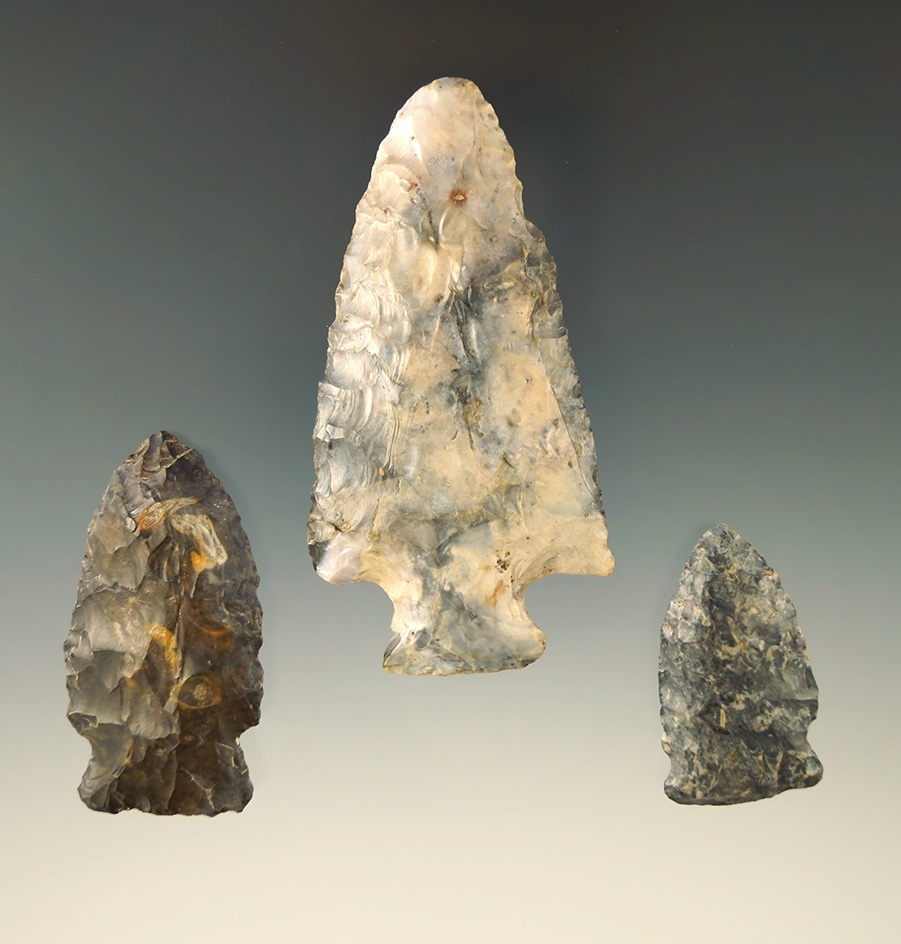 Set of three Ohio arrowheads found in Licking Co.,  Ohio. Largest is 3 3/16".