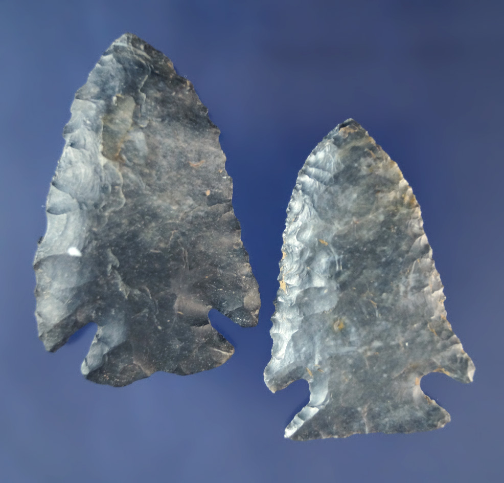 Pair of Coshocton Flint Arrowheads found in Ohio including a 2 1/8" Notched Base Dovetail.