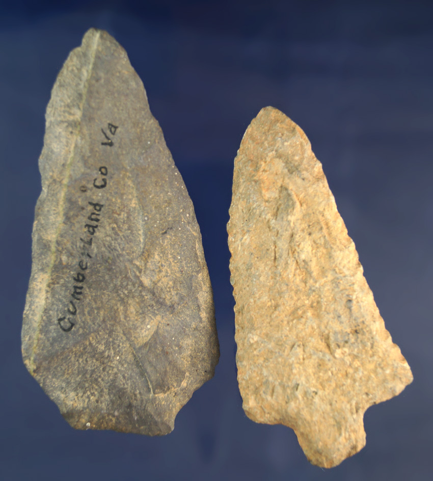 Pair of nicely flaked Knives found in Cumberland Co., Virginia. Largest is 3 15/16".