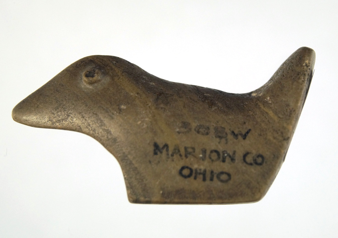 2 7/8" Pop-Eye Birdstone made from nicely banded slate found in Marion Co., Ohio. Ex. Wehrle  #308W.