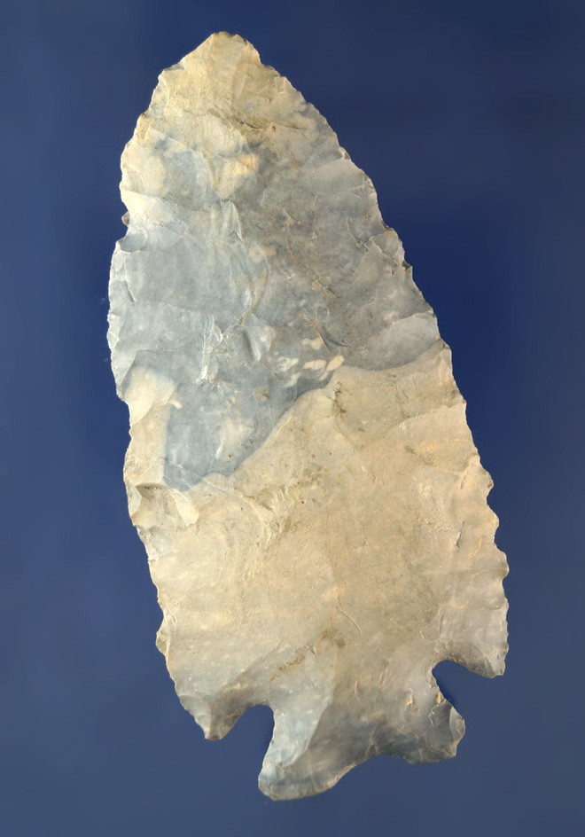 3 1/4" Coshocton Flint (Nellie Variety) Notched Base Dovetail found in Madison Co., Ohio.