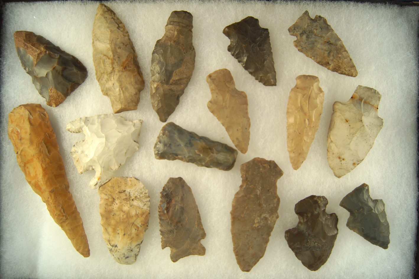 Group of 16 assorted Midwestern arrowheads, largest is 4 5/16". Ex. Cowan Hood.