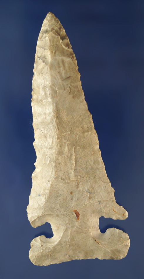 Excellent style! 3 7/8" E – Notch Bevel made from heavily patinated Delaware chert, - Darke Co., Ohi