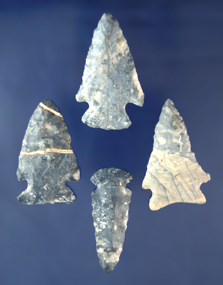 Set of four Coshocton Flint Arrowheads found in Ohio, largest is 2".