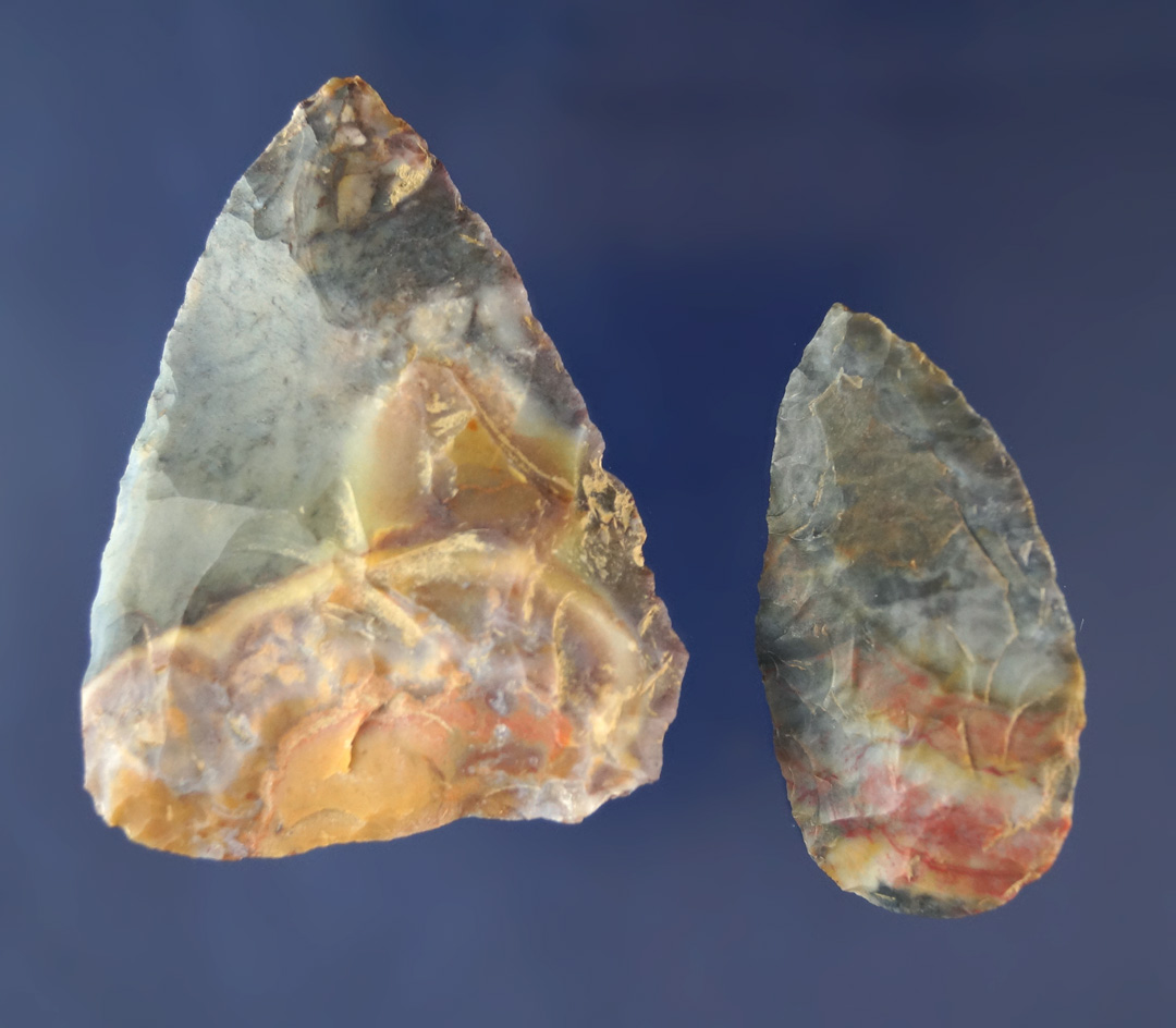 Pair of highly colorful woodland points - Huron and Crawford Co.Ohio.  Largest is 2 1/4".