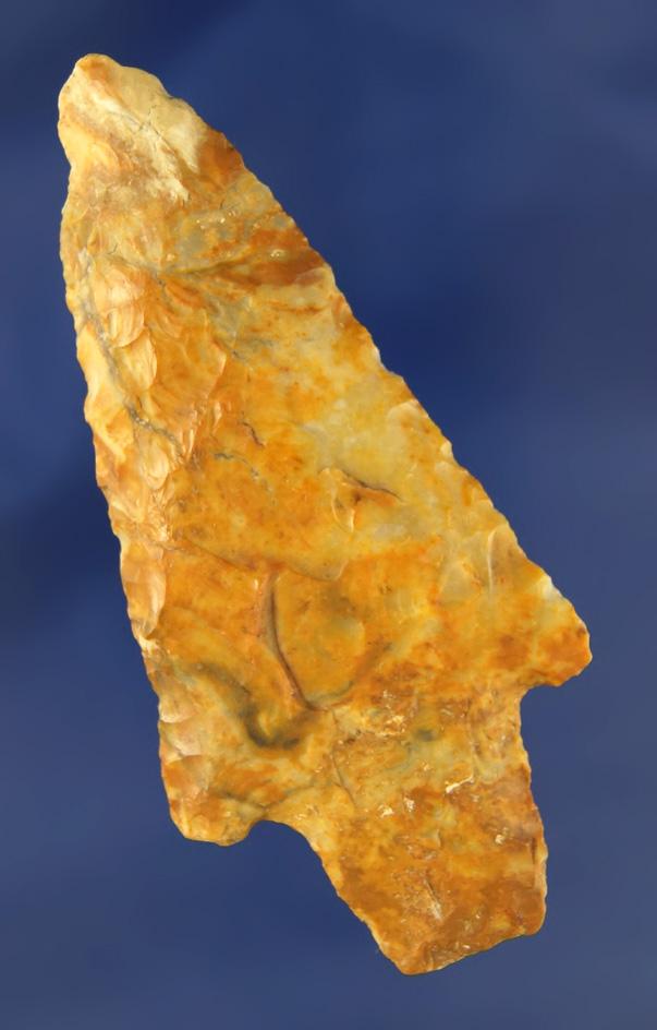 Beautiful River patina on this 3 7/16" Flint Ridge Flint Adena found in Ohio.