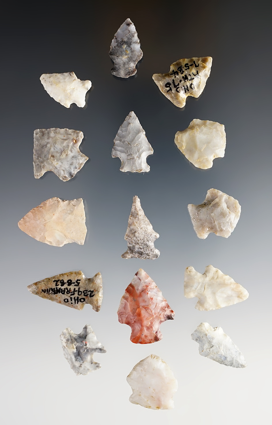 Group of 15 assorted bird points found in Ohio. Largest is 1".