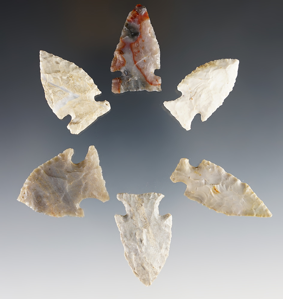 Six Intrusive Mound Points found in Ohio made from various materials. Largest is 1 5/8".