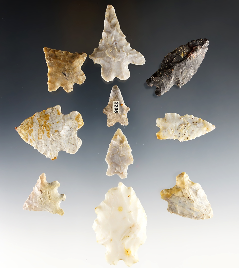 Set of 10 assorted Bifurcate Base Points found in Ohio. Largest is 1 7/8".