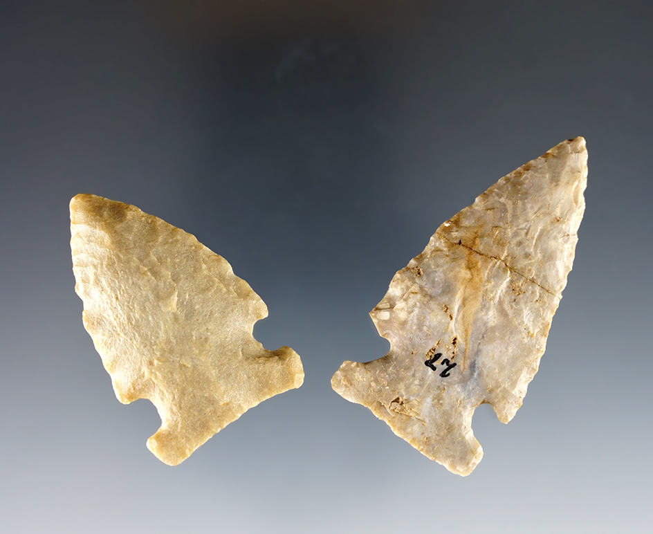 Pair of Ohio Intrusive Mound points. One is broken & glued. The largest is 2 1/2".