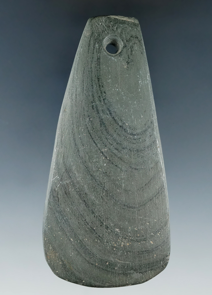 3 15/16" Adena Trapezoidal Pendant made from green and black Banded Slate, Medina Co., Ohio.