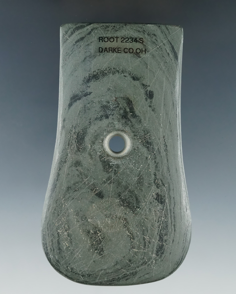 3 15/16" Adena Keyhole Pendant made from green and black Banded Slate, found in Darke Co., Ohio.