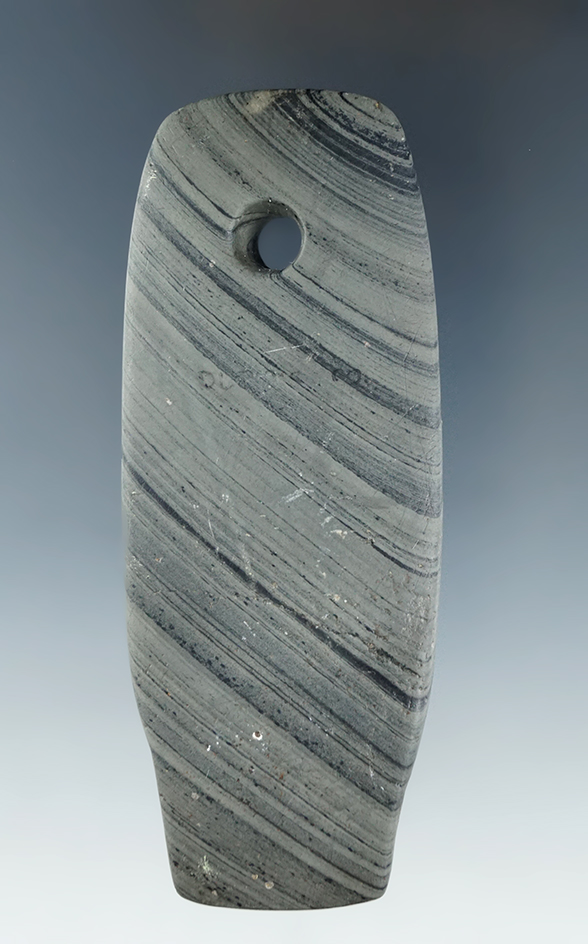 3 7/8" uniquely shaped banded slate Pendant which appears to have been. Found in Ohio.