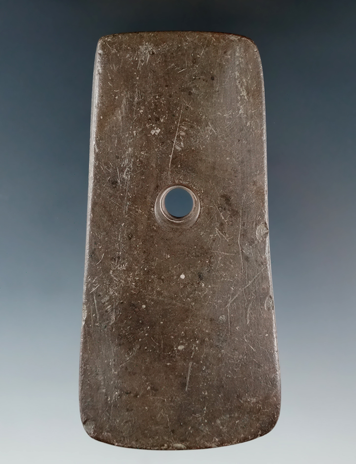 3 13/16" Adena Trapezoidal Pendant made from Slate, found in the Ohio area. Ex. Glenval Fincham.