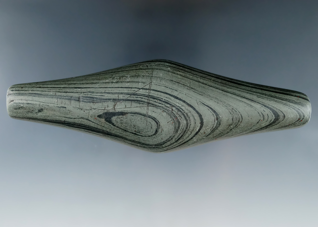 5" Undrilled Adena Expanded Center Gorget - Miami Co., Ohio. Pictured in Prehistoric American!