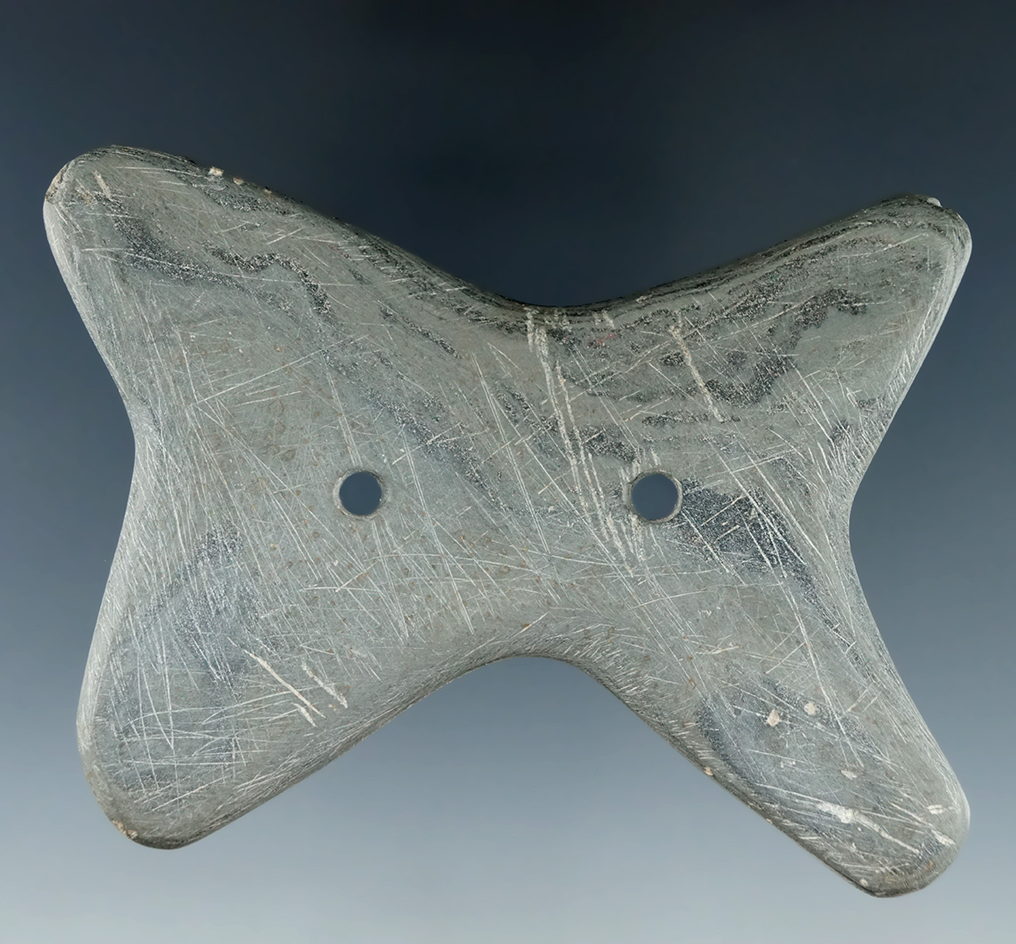 3 3/8" Hopewell Reel Gorget made from mottled green and black Slate, found in Allen Co., Ohio.