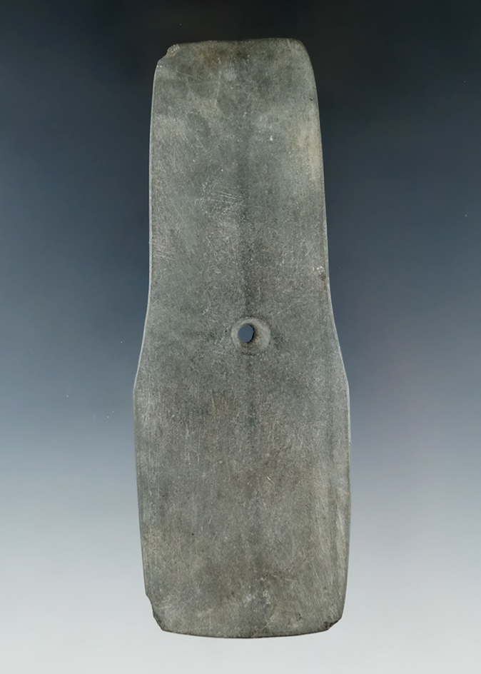 5" Hopewell Shovel Pendant made from green Banded Slate with a restored break at the midsection.