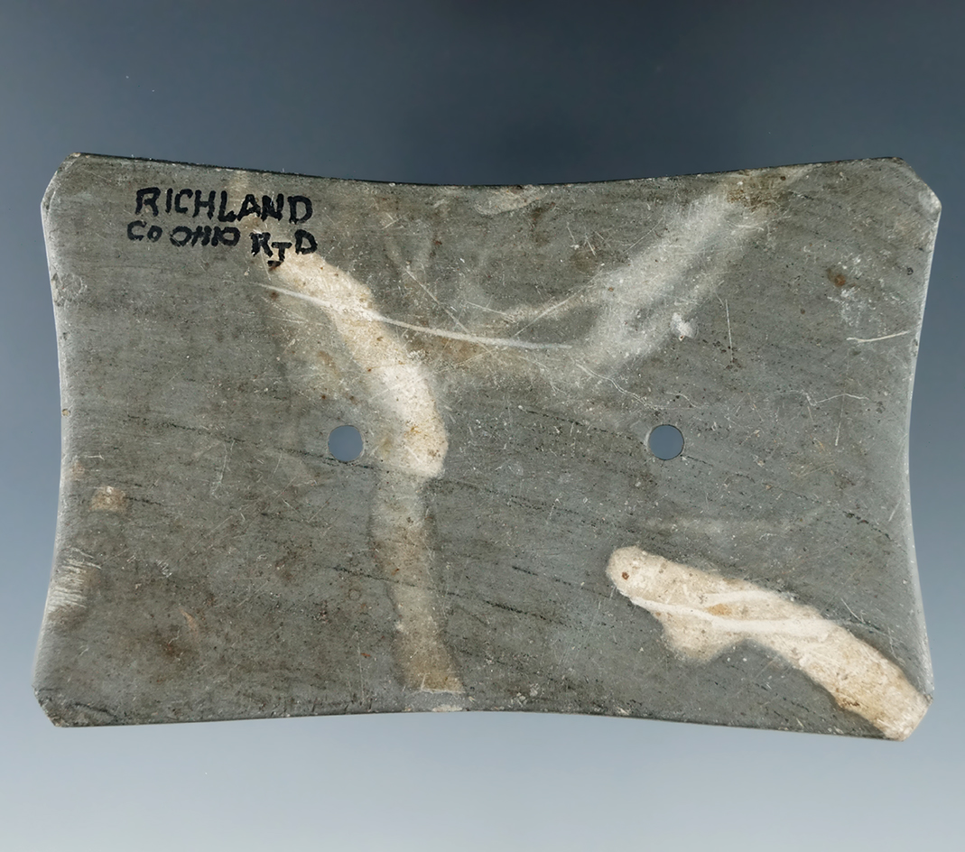 Classic style 3 3/8" Adena Quadriconcave Gorget  found in Richland Co., Ohio. Ex. Rob Dills, Kowinsk