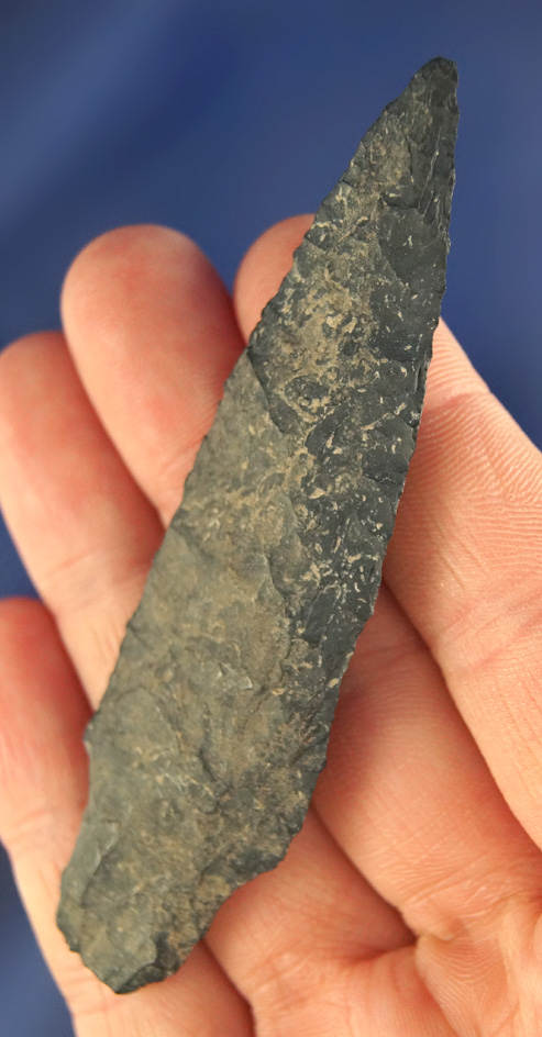 Heavily patinated 3 1/4" Basalt Stemmed Dartpoint found in Oregon.