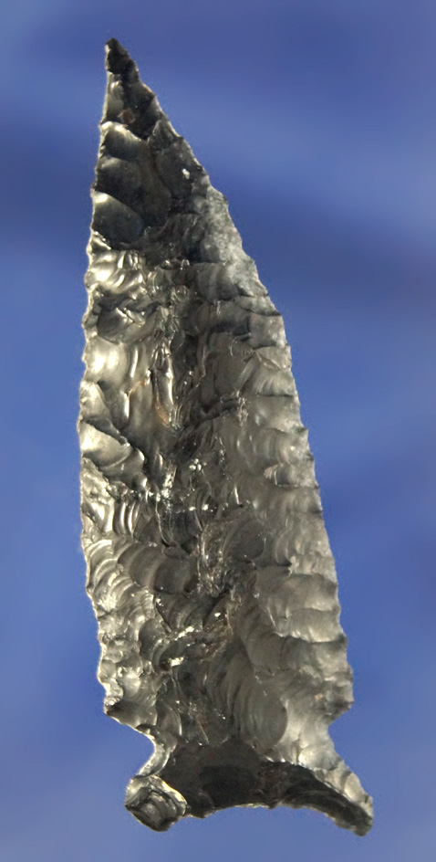 2 7/16" heavily patinated Obsidian Cornernotch that is thin with good flaking, has a slight curve.