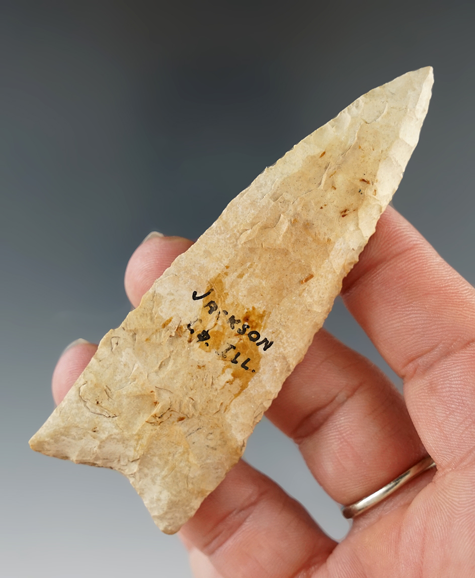3 3/8" Dalton made from tan chert, found in Jackson Co., Illinois.