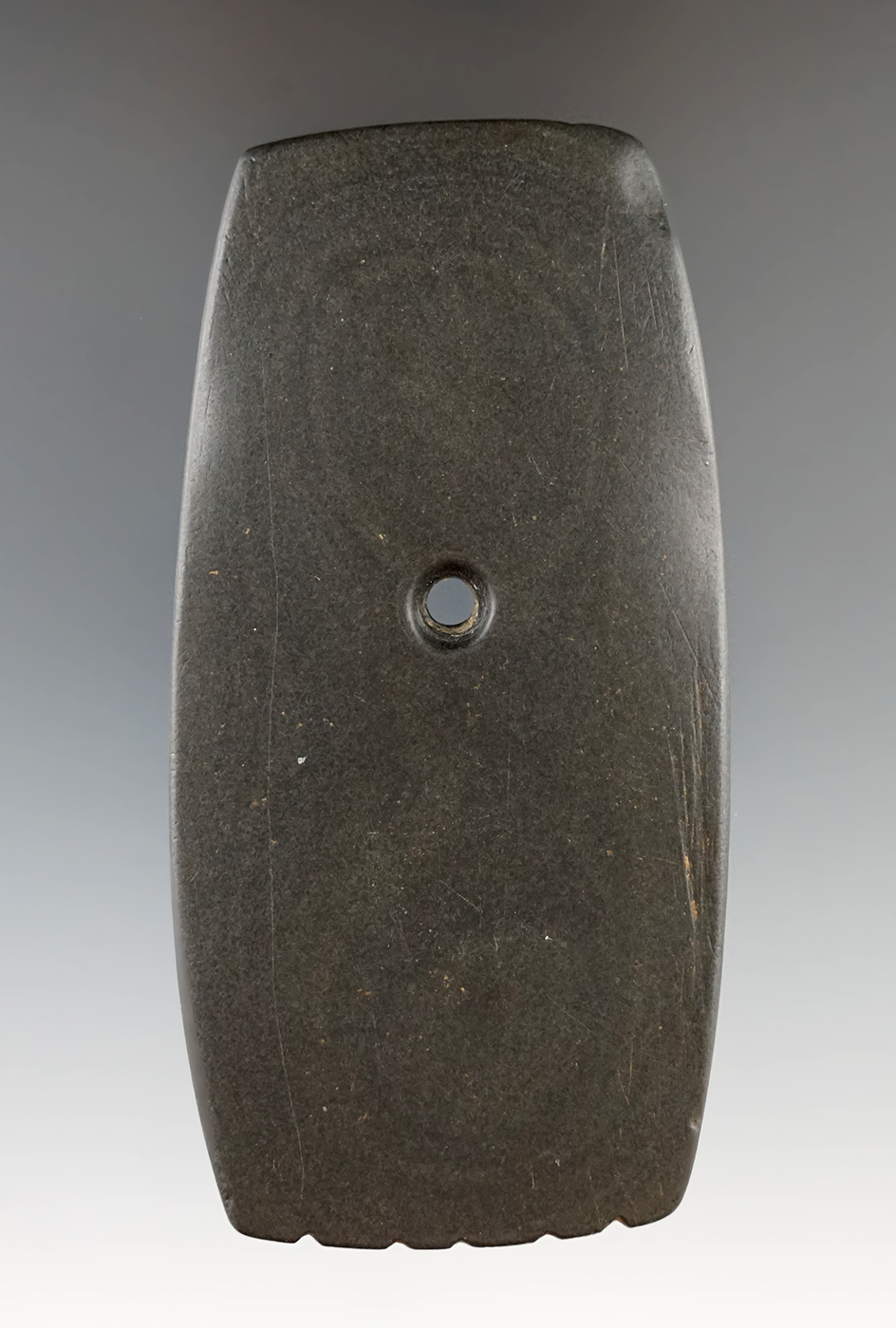 3 3/4" Slate Pendant with tally marks to the bottom edge, Union Co., Ohio. Ex. Thibeau.