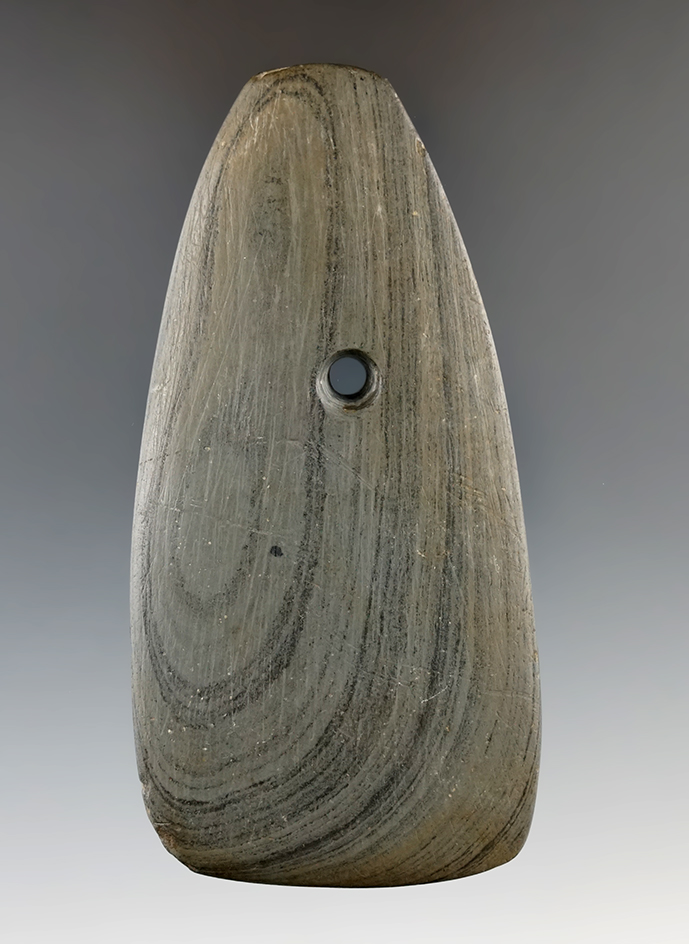 4 1/16" Banded Slate Pendant found in Lorain Co., Ohio. Ex. Yoder, Heath, Root (1605s).