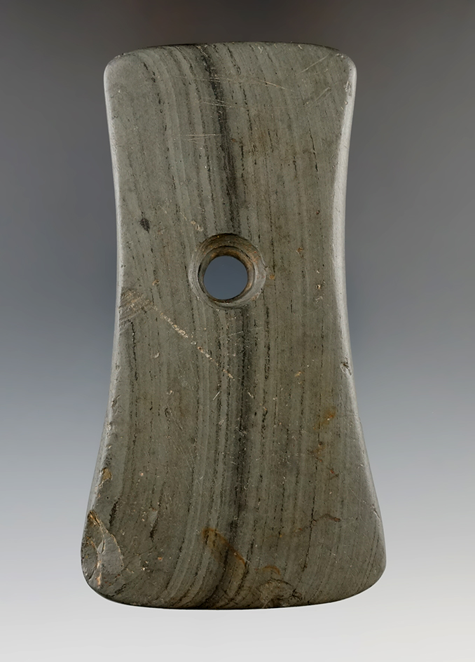 4 5/16" Banded Slate Bell Pendant found in Seneca Co., Ohio. Ex. Yoder.