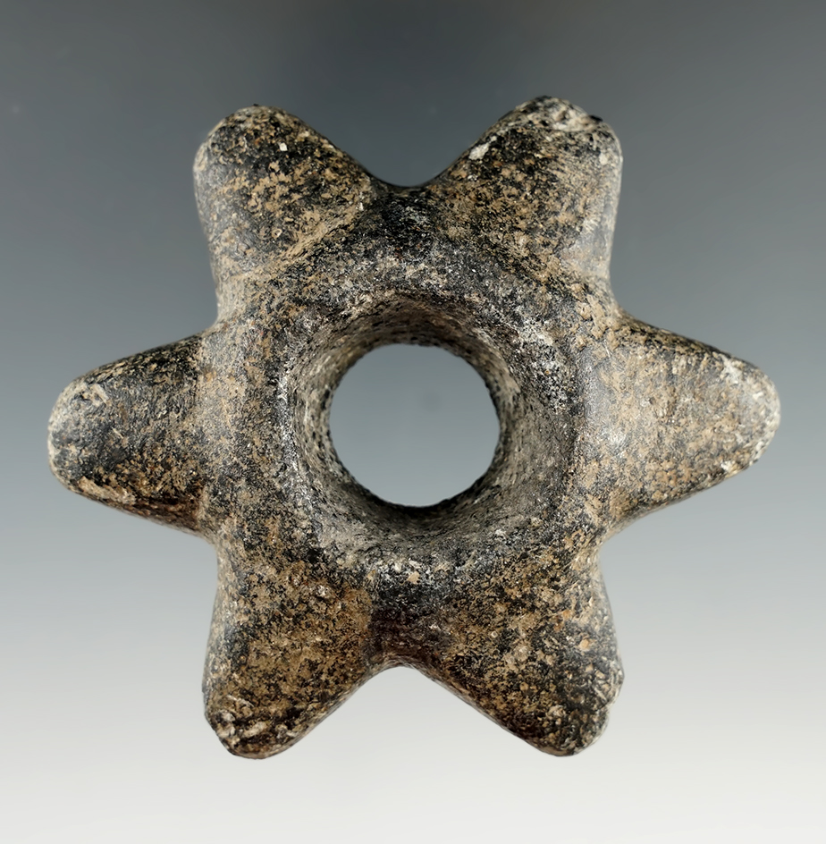 3 3/8" Chavin Mace Head made from green Hardstone, found in Peru. Ex. Urban, Knox.