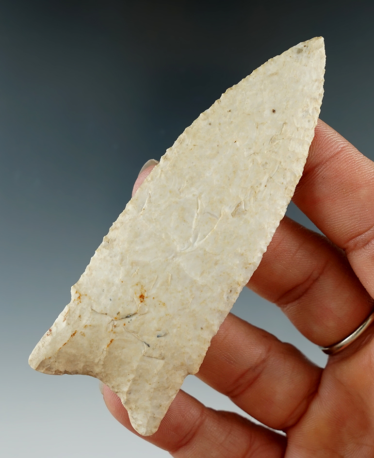 3 1/2" Holland made from Burlington Chert, found in Adams Co., Illinois. Ex. Shewey. COA.