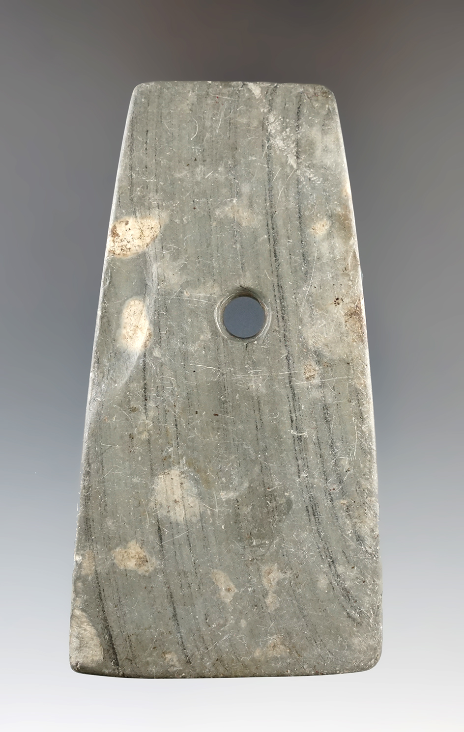 3 3/4" Banded Slate Trapezoidal Pendant found in northern Ohio.